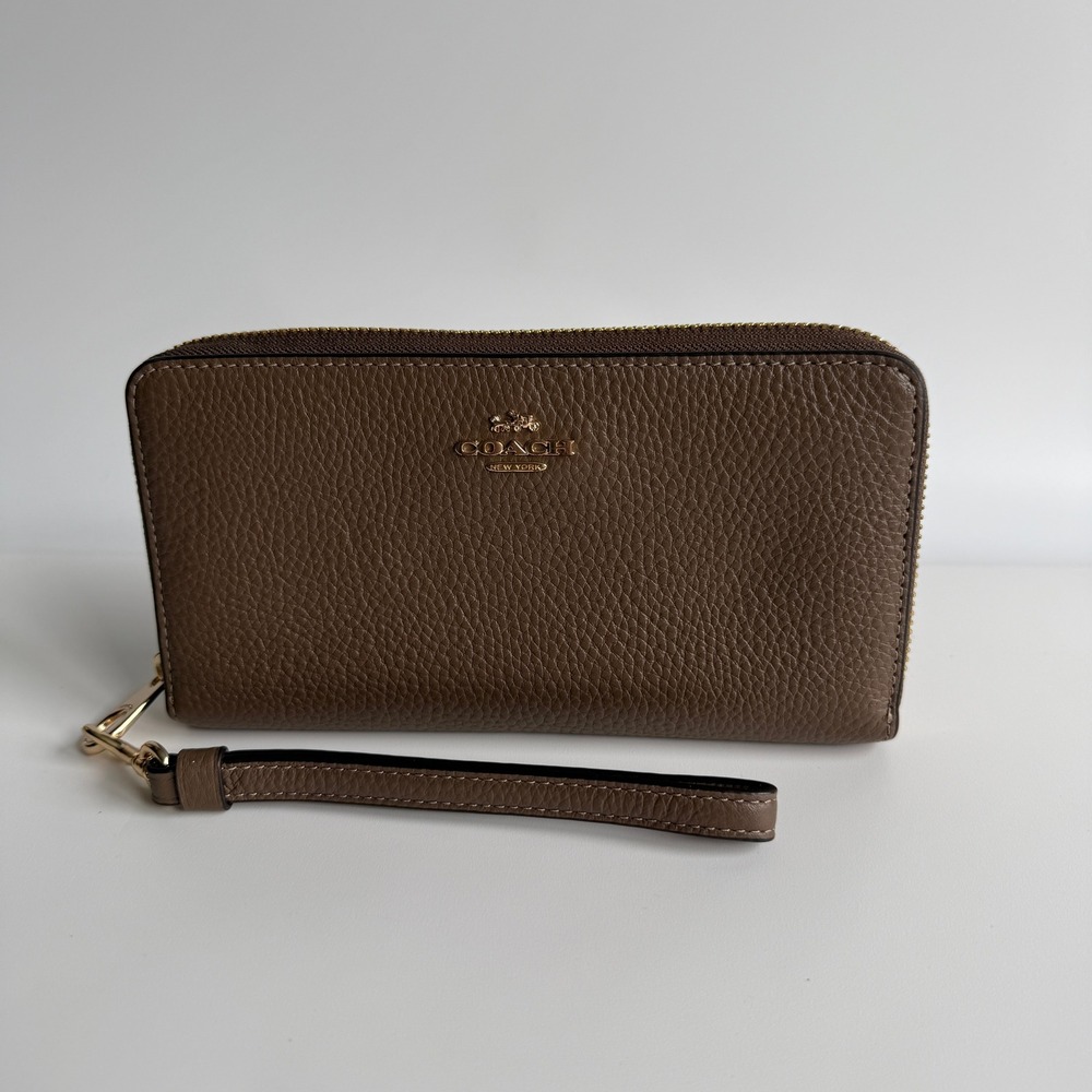 Coach Long Zip Around Wallet Taupe Leather Wristlet C4451